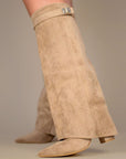 Shark Boots - Taupe Faux Suede Fold-Over Knee-High with Classic Buckle