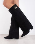 Shark Boots - Taupe Faux Suede Fold-Over Knee-High with Classic Buckle