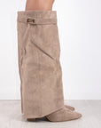 Shark Boots - Taupe Faux Suede Fold-Over Knee-High with Classic Buckle