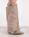 Shark Boots - Taupe Faux Suede Fold-Over Knee-High with Classic Buckle