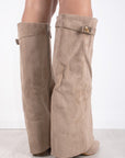 Shark Boots - Taupe Faux Suede Fold-Over Knee-High with Classic Buckle