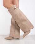 Shark Boots - Taupe Faux Suede Fold-Over Knee-High with Classic Buckle