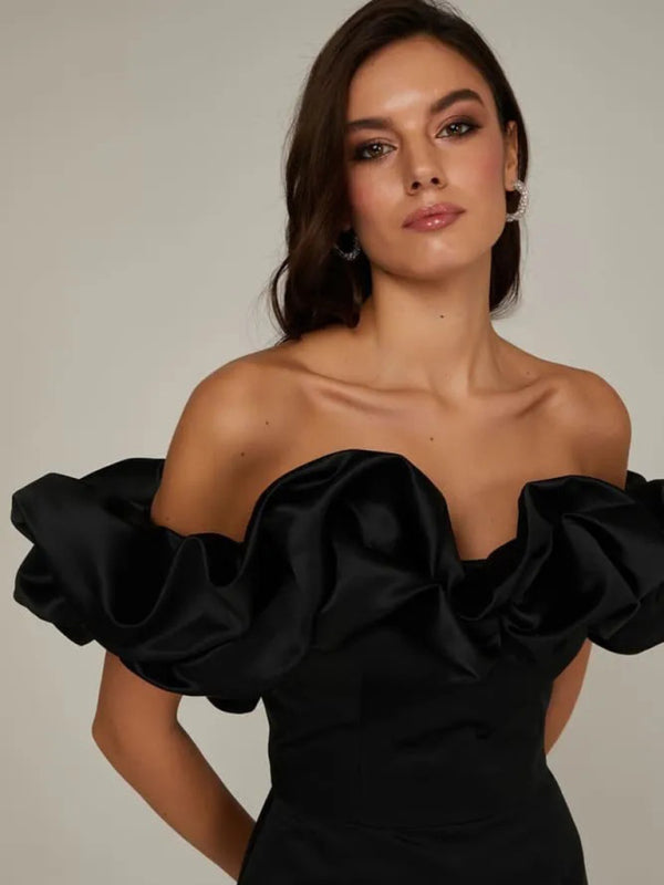 KEN | OFF-THE-SHOULDER SATIN DRESS WITH RUFFLES