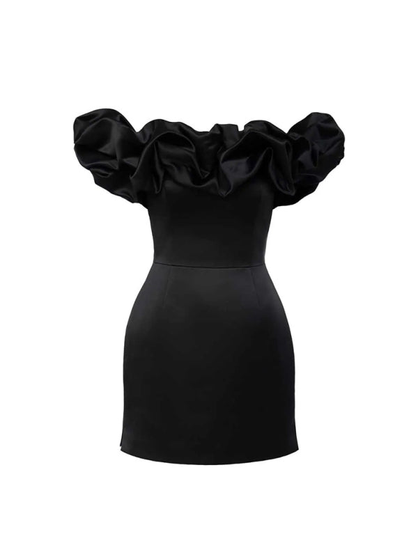 KEN | OFF-THE-SHOULDER SATIN DRESS WITH RUFFLES