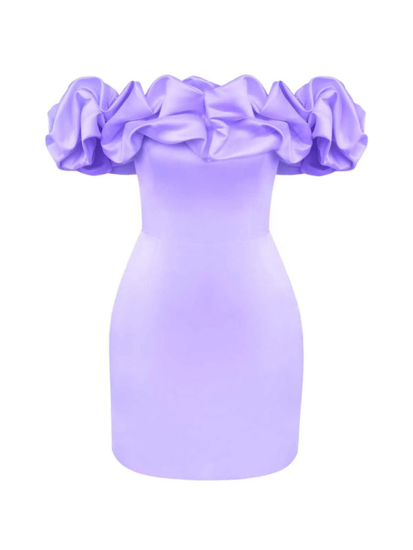 KEN | OFF-THE-SHOULDER SATIN DRESS WITH RUFFLES